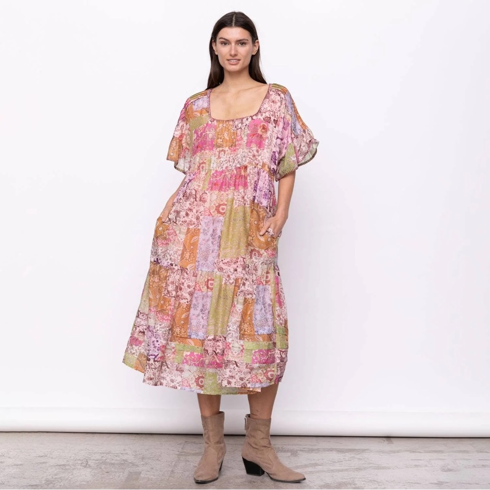 Johnny Was Jade Macy Floral Patchwork Tiered Midi Dress